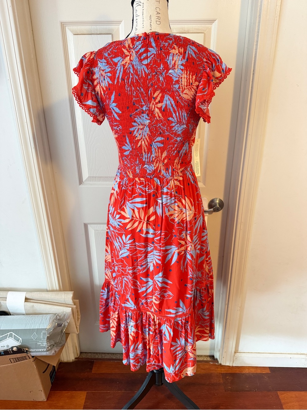 Anthropologie Red Midi Dress with Blue and Cream Leaf Print - Picture 5 of 7